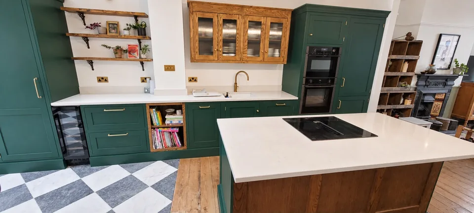 The Byron Range in deep green, with oak shelves and an island
