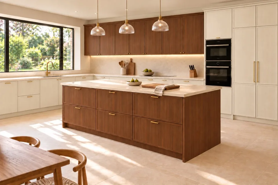 The Tennyson Range in cream, with a wood finish island and wall units